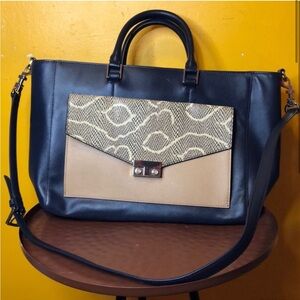 Tory Burch Blue and Tan Satchel with Structured Handles